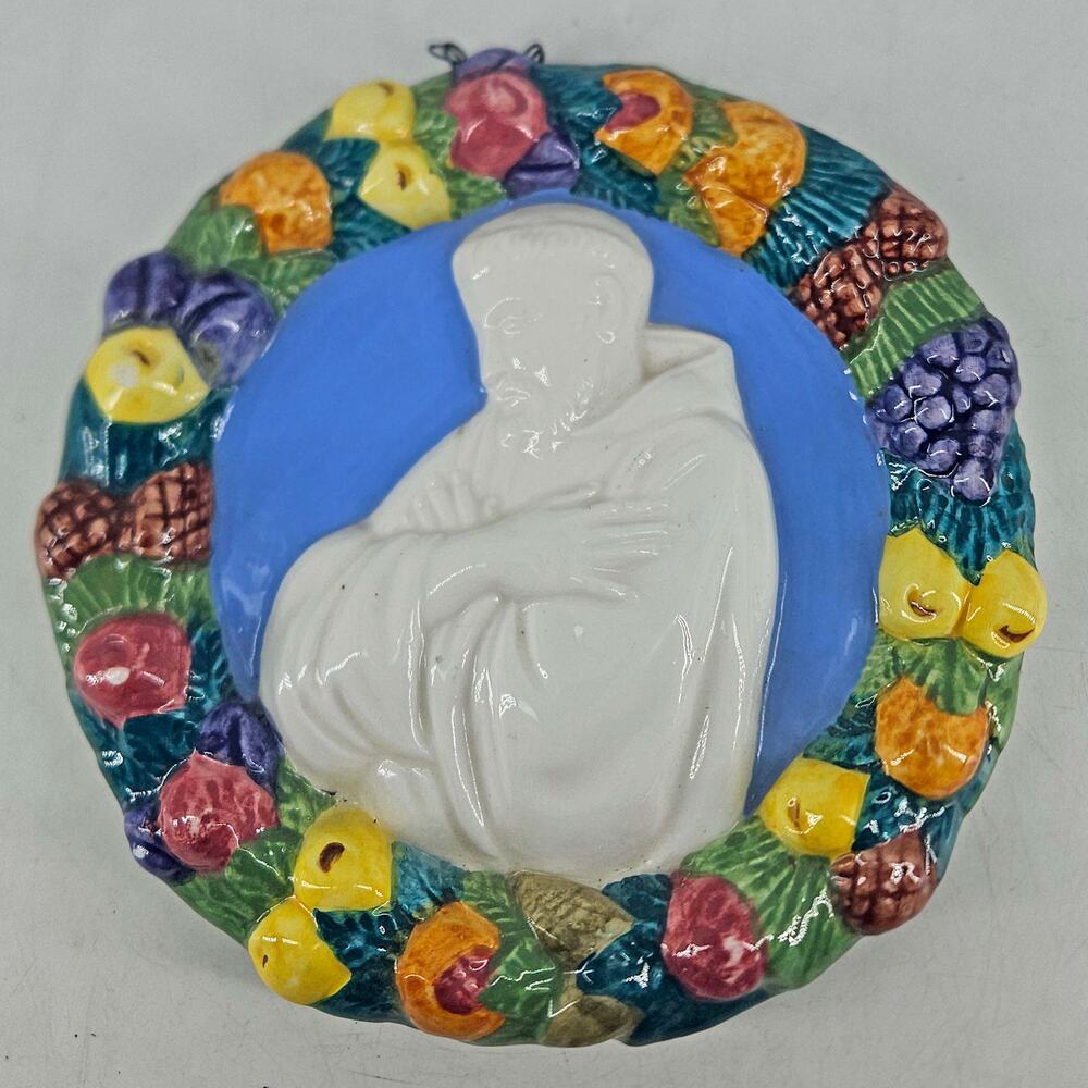 Vintage Italian Della Robbia majolica ceramic wall plaque St Francis